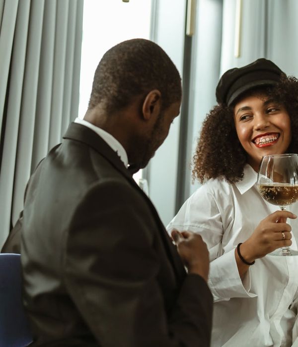 Happy couple in modern hotel setting