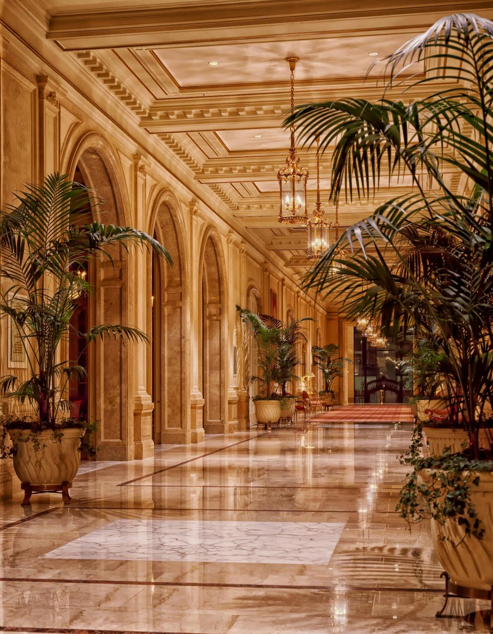 Luxurious five-star hotel lobby with elegant decor